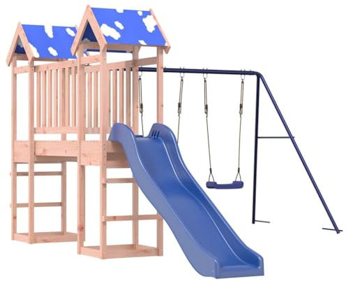 vidaXL Spielturm, Klettergerüst mit Dach Rutsche Schaukeln Brücke, Kinder Kletterturm Spiel-Zubehör für Garten, Holz Spielplatz Spielhaus, Massivholz Douglasie