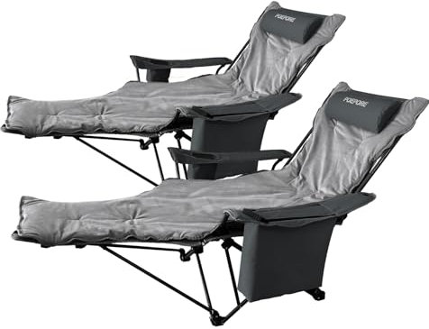 POEPORE Campingstuhl 2er Set Faltbar mit Fußstütze 4-Fach Campingstühle Strandstuhl Liegestuhl für Erwachsene 120kg Klappbarer Angelstuhl mit Kühltasche Wattepad Kissen Getränkehalter Grau