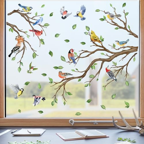 wondever Adesivi Finestra Uccelli sui Rami Primaverile Estate Vetrofanie Adesivi Anticollisione per Foglie di Colibrì Adesivi Elettrostatici per Vetro Porte Finestre