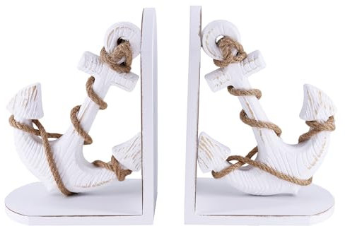 NAUTIMALL Nautical Anchor Bookends with Rope Decor - Vintage White Wood and MDF Decorative Book Holders for Coastal Home Decor Study Room Display