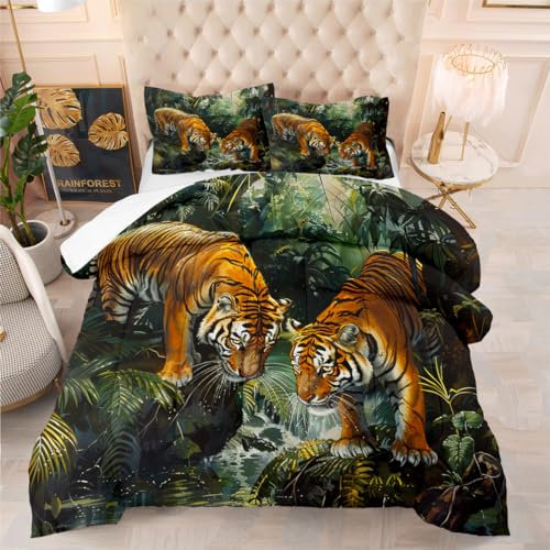 YUTNSAN Bettwäsche Set Tiger Paar 135x200cm 3D Tier Tigers Wald Blätter Muster Bettbezug Weich Mikrofaser für Kinder und Kissenbezug 80x80cm