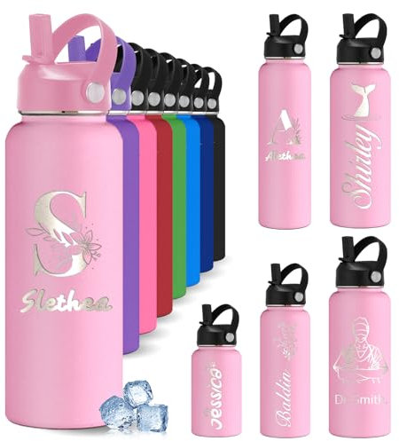 YoLLiEE Botellas de agua Personalizadas para niños con pajita 354 a 1150 ml Botellas de agua de acero inoxidable grabadas y aisladas con nombre