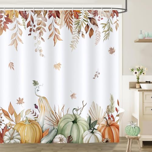 Bonhause Tenda Doccia Autunno Zucca Foglie d'acero Thanksgiving Pianta Tende per Doccia in Poliestere Impermeabile Antimuffa Lavabile Tende Bagno 180 x 180 cm con 12 Ganci
