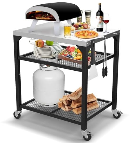 GFTIME Chariot de table pour four à pizza Ooni, Ninja Woodfire, Blackstone Griddle, Weber Q, grande île de cuisine roulante, support de barbecue d'extérieur, table de barbecue en acier inoxydable avec