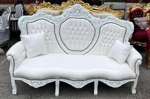 Casa Padrino Barock Kunstleder Sofa Weiß 180 cm - Barock Wohnzimmer Möbel