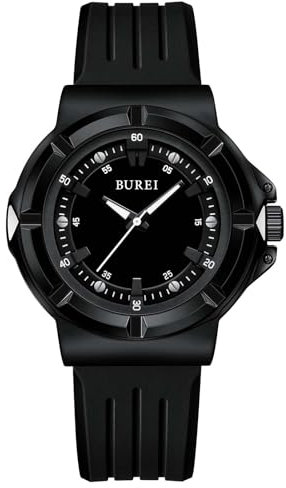 BUREI wasserdichte Analog Unisex Armbanduhr Schwarz Japanische Quarzuhr für Frauen und Männer mit leicht zu lesendem Zeitzifferblatt und atmungsaktivem Silikonband Klassisches Geschenk für Ihn/Sie