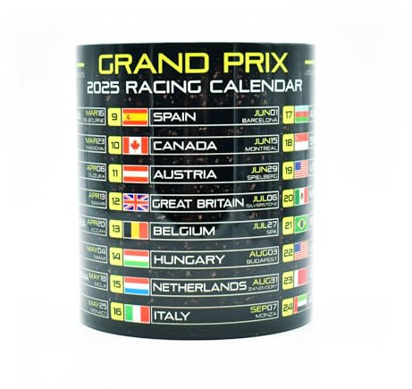 Formula Grand Prix 2025 Calendar Mug - Neon Green - Racing Season - Ceramic Coffee Cup - Gift Ideas for Motosport Fans - by Legacy Legends