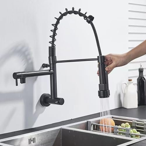 ZYCDP Rubinetto Lavello Cucina da Muro Miscelatore Cucina Molla Nero, Rubinetto Lavello Cucina Doppia Uscita Rubinetto da Cucina Solo acqua Fredda