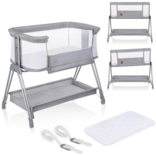 LIONELO Luna 2in1 Nachttisch und Reisebett ab Geburt | Bis zu 9 kg, atmungsaktiver Stoff, Einkaufskorb, Matratze inklusive, atmungsaktive Netzseiten, feststellbare Rollen