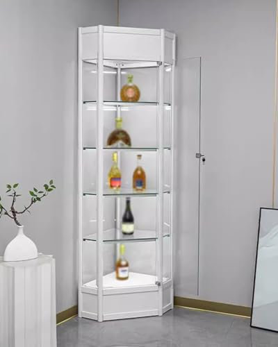 YFWOKSL Vitrine, Glasvitrinen, weiße Vitrine aus gehärtetem Glas, 5 verstellbare Regale, gebogenes Eckregal für das Wohnzimmer, Aufbewahrungsbehälter für Kuriositätenfiguren, Puppen und Spirituosen