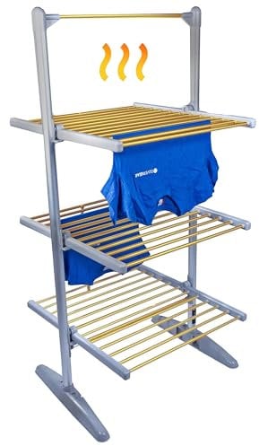 Silvergear® Séchoir à Linge Chauffant Pliable | Étendoir à Linge Intérieur avec 20 Barres Chauffantes | Séchage Rapide à 50°C | 147x54x94 CM | Gris