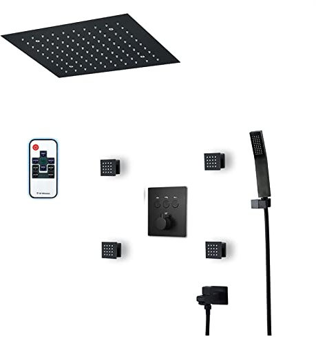 Led Thermostatic Rain Shower System Black 12 Inch Shower Combo Set 64 Colors Bathroom Shower Faucet Set With Shower Head,4 Body Jets,Handheld Shower,Tub Spout,Phone Control,Remote Control
