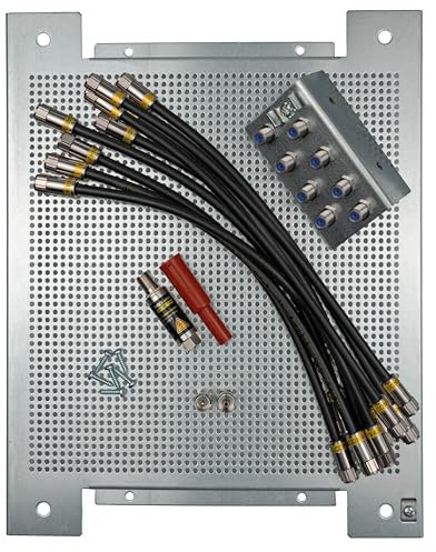 maxx.onLine Lochblech Montageplatte Set für Kabel TV Antennenverstärker, Sat- / Kabel Verteiler inkl. F-Stecker Koaxialkabel Patchkabel, Kabelfernsehen Überspannungschutz, Erdungsblock, 8 Teilnehmer