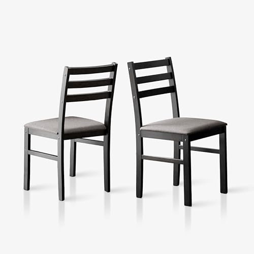 Livinia Seattle - Juego de 2 sillas modernas de estilo rústico para cocina y comedor, tapizadas, tela de madera maciza, asiento de cojín de madera, sillas traseras de escalera (negro)