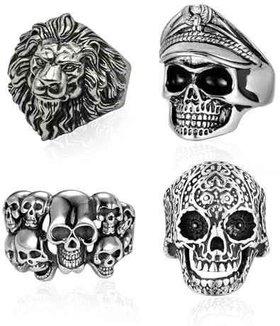 4 Stück Totenkopf Ring, Tier Löwenkopf Ring, Edelstahl Siegelring Herren Ringe, Biker Herren Schädelkopfring, Skelett-Bandring Punk Felsen-Piratenschädelring für Jungen Siegelring