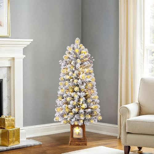 SHareconn 3FT Potted Pre Lit Snow Flocked Pencil Christmas Tree, Slim Xmas Tree with 70 Warm White Lights, 8 Light Modes, 105 Branch Tips, with 6 pine cones and berries for Home and Office Decor