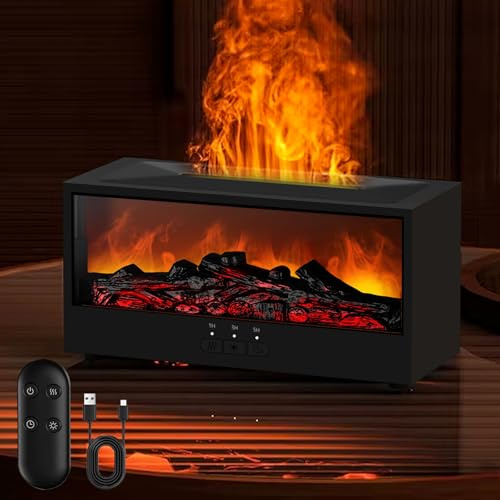 Flammen Aroma Diffuser, Aroma Diffuser mit LED Kamin, 7 Farbigem Licht Kaminflammen Luftbefeuchter mit Fernbedienung, Diffuser äTherische öLe 3 Timer Wasserlose Abschaltautomatik für Zuhause Büro