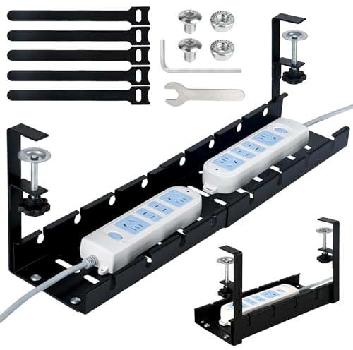 Under Desk Cable Management Tray No Drill, 30–55 Cm Length × 13cm Wide, Adjustable Long Wire Organiser With Clamp Mount Cord Tidy For Office, Gaming Desk, Office Workspace Black