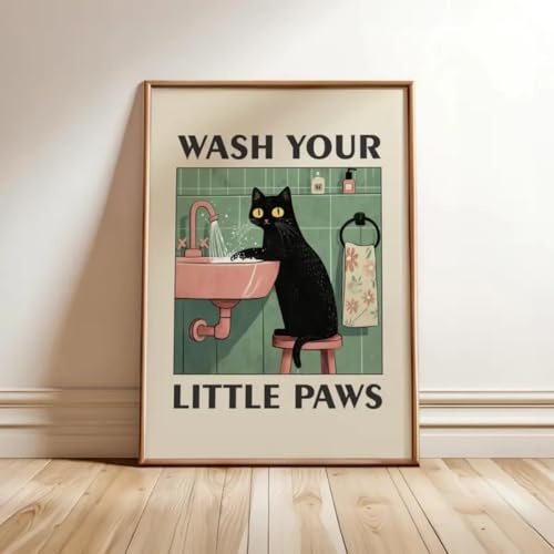 CHAOJIART Leinwandbild mit Katzenillustration „Wash Your Paws“, Gemälde, moderne, lustige Tierkunstdrucke, Waschraum, Badezimmer, Heimdekoration, Poster (20 x 30 cm, rahmenlos)