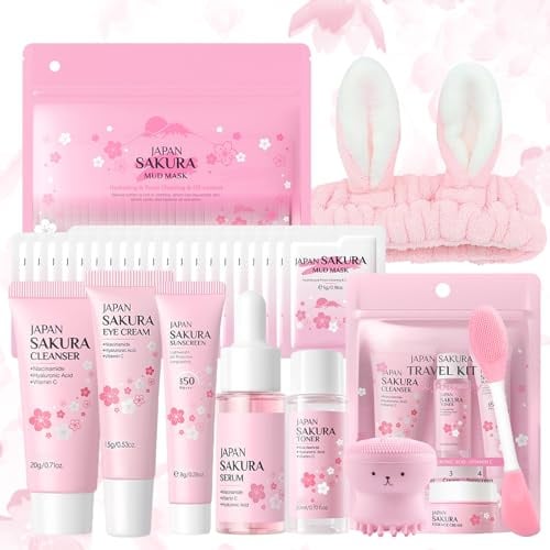29 Piezas Set de Cuidado Facial Sakura, Set de Cuidado Diario de la Piel | con Limpiador, Tónico, Mascarilla Facial Limpiadora, Limpieza y cuidado facial, para Adolescentes y Mujeres