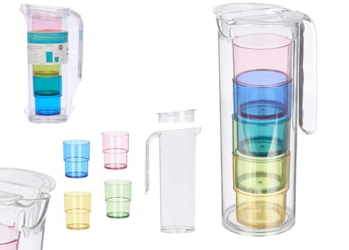 Jarra de Plástico con 4 Vasos, Set para Bebidas, Picnic, Agua, Zumo (Colores, 1,6L - 11 x 14.5 x 28 cm)