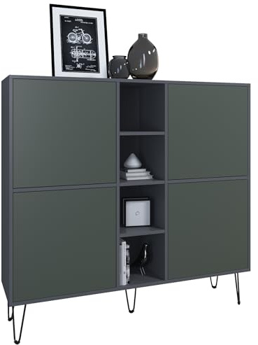 Vladon Highboard Havana V3, Kommode mit 4 Türen und 4 offene Fächer, Kommode Made in Germany, Anthrazit matt/Fjord Grün (130,5 x 124 x 35 cm)