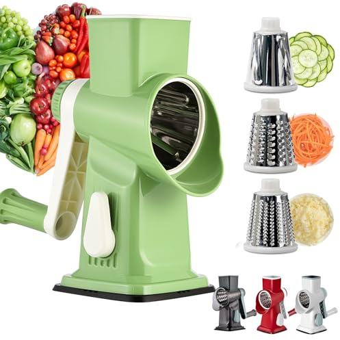 Bizcasa Käsereibe mit Kurbel, Gemüseschneider mit 3 Edelstahl Austauschbaren Trommeln Blättern, Mandoline Gemüsehobel, Gemüseschneider Mandoline Gemüsehobel für Käse, Obst und Gemüse (Grün)