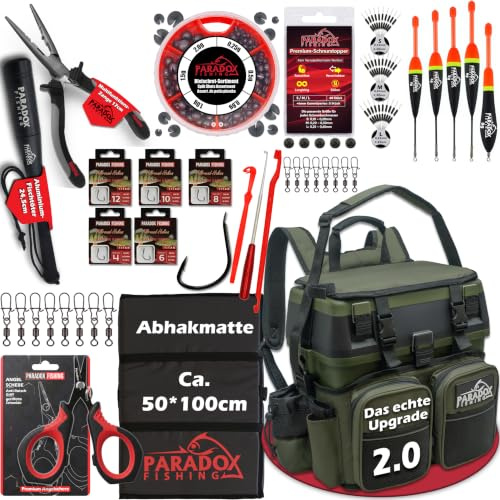 Paradox Fishing 3-in-1 Multifunktions-Sitzkiepe I Angelrucksack I Angeltasche Angelkoffer mit Sitz Angelkoffer- viel Platz für Angelzubehör (XXL Set schwarz/grün)