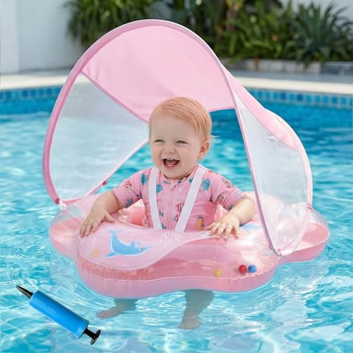 Olycism Salvagente Neonato con Parasole UPF50+ Ciambella Neonato Mare con Pompa ad Aria e Kit di Patch Materiali Adatti ai Bambini Carico massimo 20 kg per Bambini Rosa chiaro