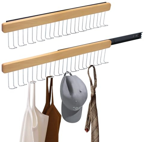 TETEWEVER 2er-Set Ausziehbarer Kleiderhaken für Schrank, Unterhemd und BH | Platzsparende Wandhaken Kleiderhaken Schiene Ausziehbar Holzhaken für Kleidung Krawatten Schals Unterhemd, 12 Haken