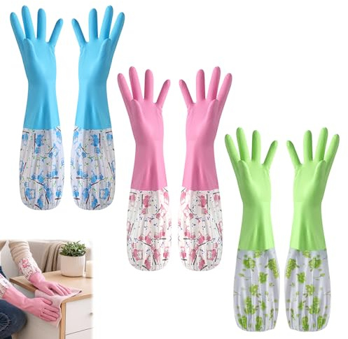 niusility 3 Pairs Washing Up Gloves, Waterproof Rubber Gloves, Non-Slip Reusable Washing Glove, Long Rubber Cleaning Glove for Kitchen, Bathroom, Laundry, Gardening, Pet Care (3 Colors, Medium)