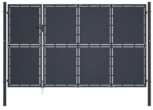 Garden Gate Steel 350x150 cm Anthracite, Double Swing Metal Driveway Gate with Lock and Posts for Privacy Fence and Farm Entry