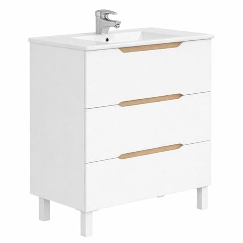 Mobile Bagno A Terra Con 3 Cassettoni Soft Close E Lavabo In Ceramica Monoforo Con Troppopieno Incluso Mobiletto Design Moderno Ed Elegante Salvaspazio 80 x 45 x 86 Cm (Bianco)