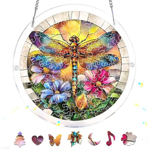 Zariocy Dragonfly Acrylic Jigsaw Puzzle Suncatcher - Stained Glass Window Hanging - Creative Home Decor - 83 Piece Puzzle & Pendant Combo - Ideal for Mom, Wife, Aunt Gift 18x18 cm-68