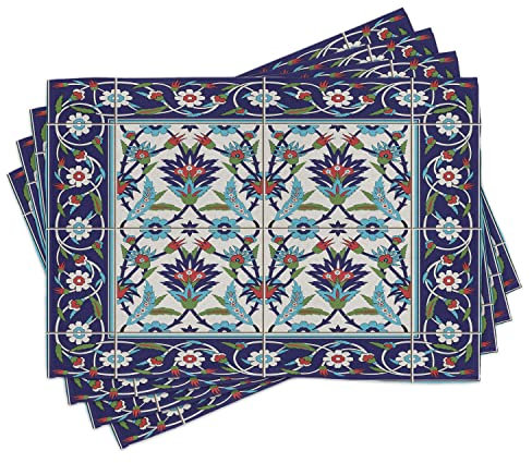 ABAKUHAUS Türkisch-Muster Platzmatten, Mosaikfliesen mit Natur inspiriert Ornamente Tulpen und Gänseblümchen mit Locken, Waschbare Stoff Esszimmer Küche Tischdekorations Digitaldruck, Aqua Blau