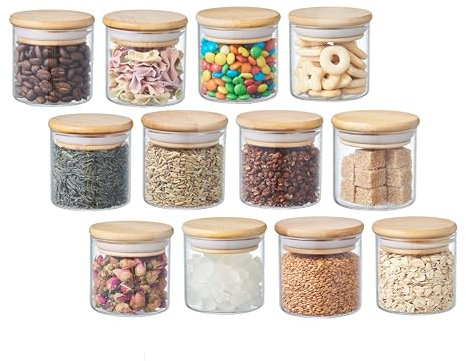 ORNAMI Small Glass Food Jar with Natural Bamboo Lid and Silicone Ring for Airtight Sealing, Little Clear Canister Jar for Kitchen Storage, for Grains, Seeds, Salt, Pepper, Spices - Set of 12 (150ml)