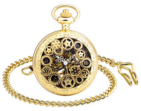 MICGIGI-Unisex Taschenuhr mit Kette Analog Handaufzug Retro Gang Hohlen Mechanische Taschenuhren Gold
