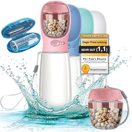 NEU 3er GESCHENKESET | Innovative 550ml Hundetrinkflasche für unterwegs | inkl. Futterbehälter & Zahnbürste | Premium Trinkflasche Hund | Trinkflasche Hunde für unterwegs | 100% DICHT