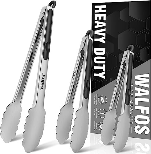 Walfos Kitchen Tongs Food Grade Stainless Steel Tongs for Cooking,BBQ - 18CM ,23CM and 30CM,Set of 3 Heavy Duty Locking Metal Food Tongs Non-Slip Grip