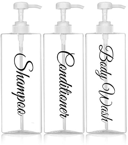 Shampoo-Spender, leere Pumpflaschen für Badezimmer, nachfüllbar, Shampoo-Spülung, Körperwaschspender, Kunststoff-Pressspender, wasserdichte Etiketten für Badezimmerzubehör (Weiß, 3 Stück)
