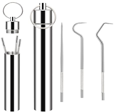 Anglecai Zahnstocher-Set, Metall, wiederverwendbar, tragbar, Edelstahl, Schlüsselanhänger, Zahnreinigungswerkzeuge für Outdoor, Reisen, Camping, 3 Stück