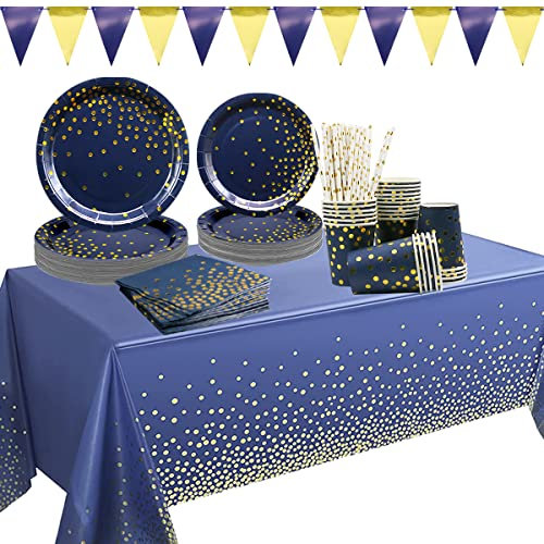 152 PCs Bleu Marine et Or Assiette ,Ensemble de Vaisselle De Fête à Pois dorés Bleu foncé Assiettes Comprend À Dîner Dessert, bannière triangle Tasses, Serviettes, Pailles- 25 Portions