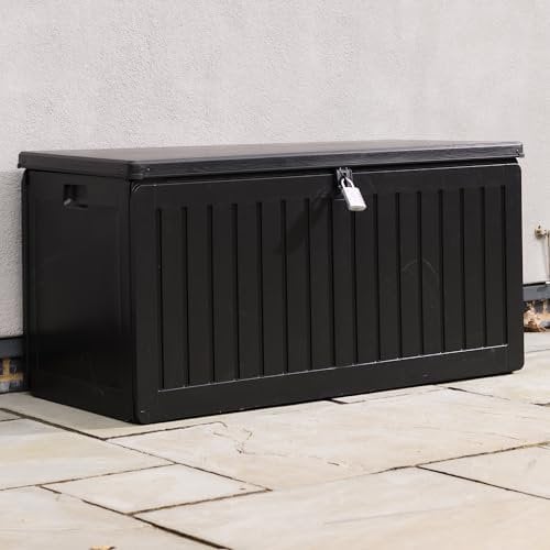 Olsen & Smith 270L Outdoor Storage Box with Padlock – Durable Sit-On Garden Chest, Weatherproof Plastic Shed Seat, Lockable Wood Effect Design for Patio, Deck, and Garage (Black)