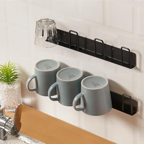 BAIEUEJO 2pcs Black Metal Wall-Mounted Mug Rack, 4 Cup Holders, No Drilling, Easy Install, Kitchen, Living Room, Office