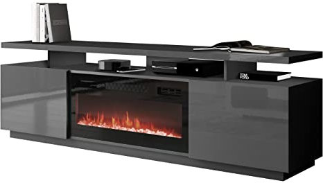 Mirjan24 TV Schrank Lostino mit Elektrischem Kamin Realistische LED-Flamme Kristallherd Elektrischer Kamin mit Heizung TV Lowboard (ohne Beleuchtung Graphit/Graphit Hochglanz)