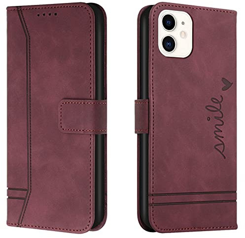 Lihondar Compatible with iPhone 12 Mini (5.4 Inch) Case, PU Leather Folio Wallet Flip Cover with Card Holder Magnetic Closure Kickstand [TPU Shockproof] Phone Case Cover for iPhone 12 Mini (Red)