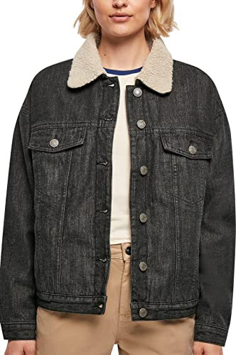 Urban Classics Damen Ladies Oversized Sherpa Denim Jacket Black Washed, XS