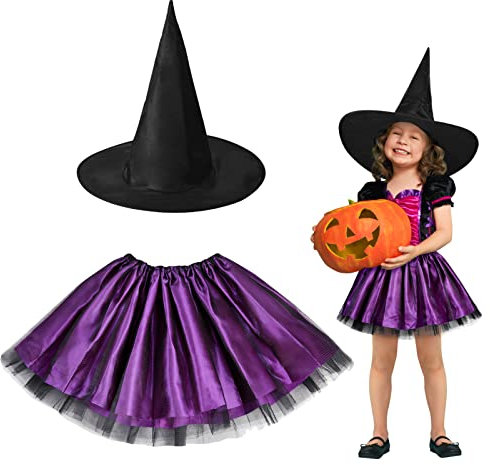 HONMOK 2 Pezzi Costume da Strega per Bambini,Viola,Costume Halloween Bambina con Cappello da Strega e Gonna Tutu,per Festa di Cosplay di Halloween per 3-10 Anni Ragazza