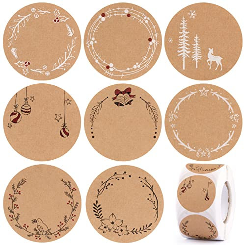 500 Stk 4cm Kraftpapier Aufkleber zum Beschriften Weihnachten Etiketten Selbstklebend Marmeladenglas Weihnachtsaufkleber Weihnachtssticker Geschenksticker für Geschenktüten Gewürzetiketten