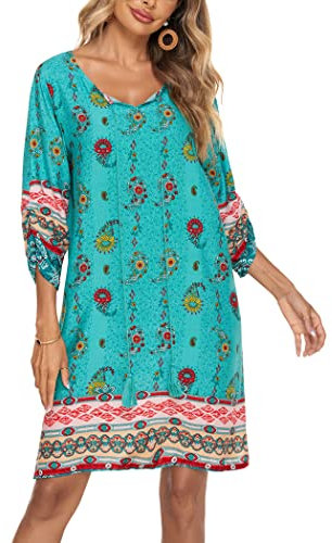 Beyove Sommerkleid Damen Kleider Casual V-Ausschnitt Midikleid 3/4-Arm A-Linie Kleid Strandkleid Boho Blua M